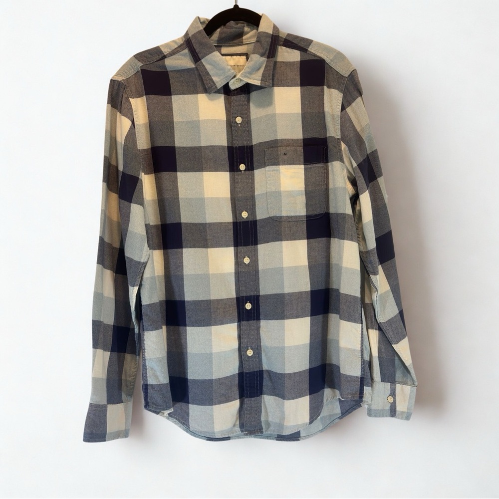 American Eagle Outfitters Navy and Cream Plaid Shirt